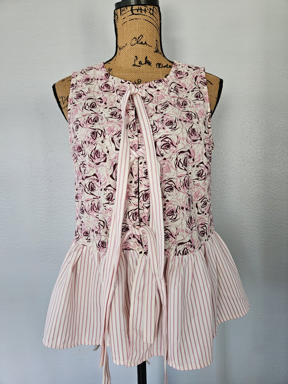 She + Sky Pink Floral Tie-Front Peplum Tank